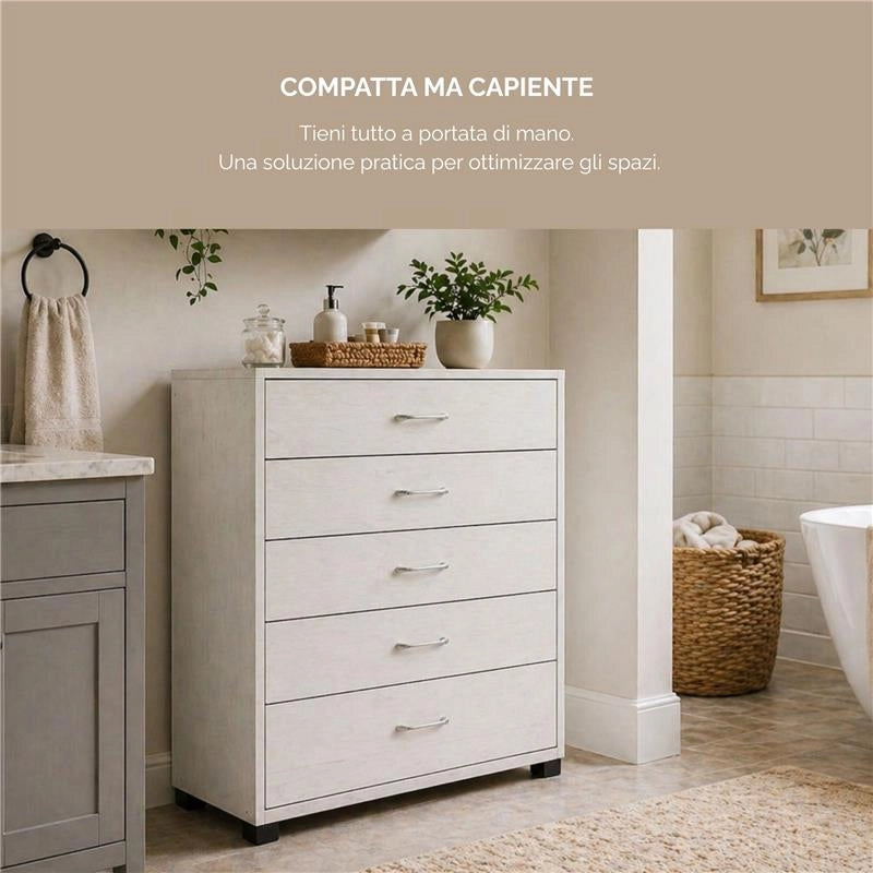 CASSETTIERA 5 CASSETTI IN LEGNO BIANCO CON PIANO D'APPOGGIO DIMENSIONI 68X40X101H CM