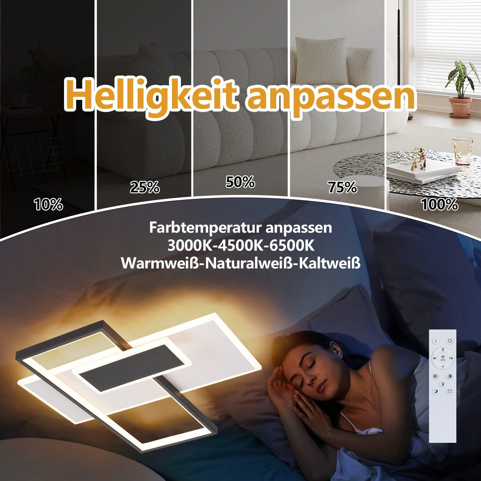 ZMH Lampada da soffitto LED 62W nera dimmerabile con telecomando 2 faretti per soggiorno