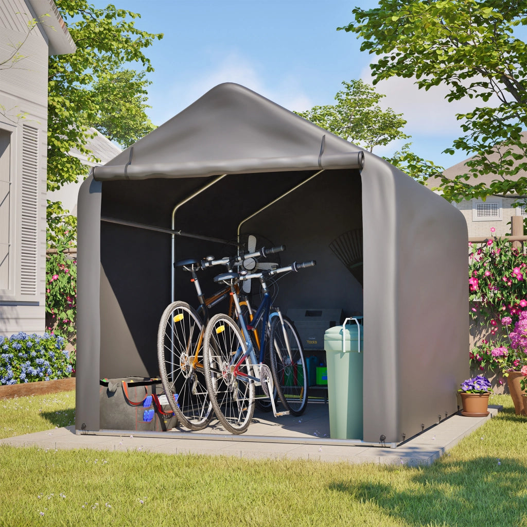 Garage per Biciclette Grigio 160 x 220 x 165 cm In Metallo E Pe Per Esterno Con Tetto Trapezoidale E Porta A Rullo