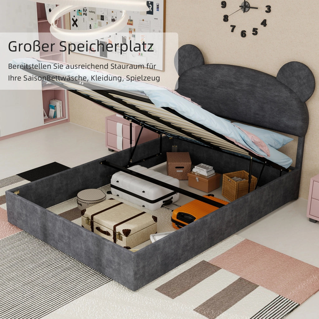 Letto Matrimoniale 140x200 cm; Testiera Sagomata; Contenitore a Gas - in Tessuto e Metallo - Grigio
