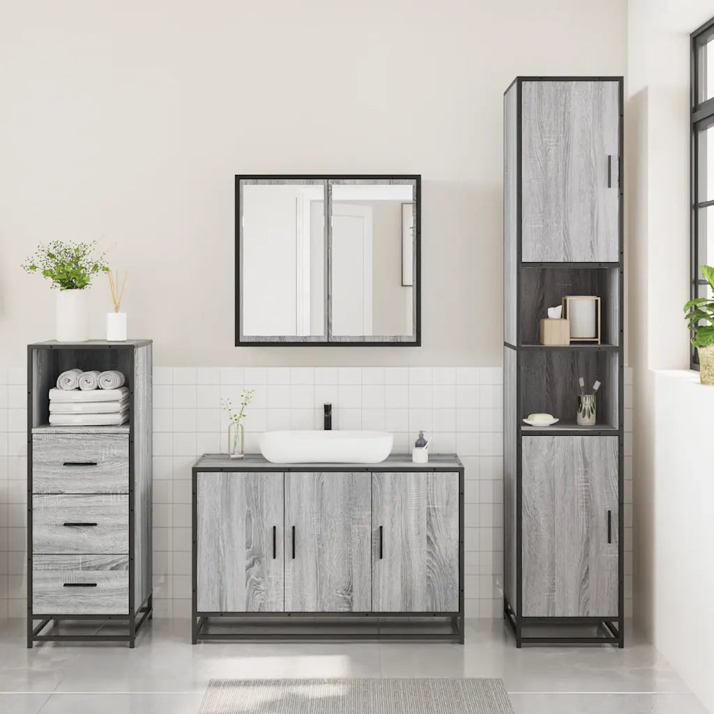Set Mobili da Bagno 3 pz Grigio Sonoma in Legno Multistrato