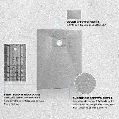 Piatto doccia 80x90 in resina grigio effetto pietra riducibile Agorà