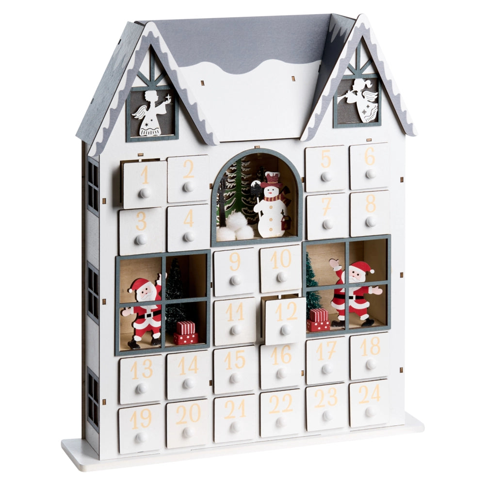 Accogliente decorazione natalizia a LED con figurine a forma di casetta in legno Calendario dell'Avvento bianco