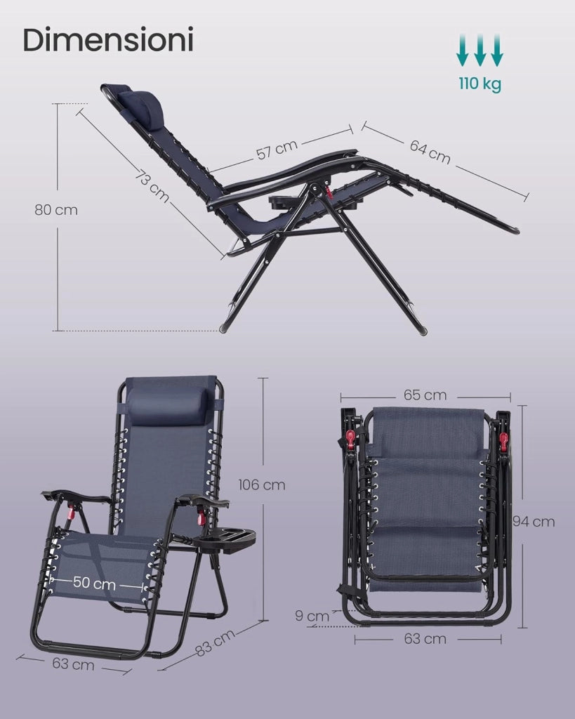 SONGMICS Set da 2 Sedie a Sdraio Pieghevoli, Poltrone a Gravità Zero, Lettini Prendisole Portata 110 kg per Sedia, Poggiatesta Regolabile, Vassoio, per Terrazza e Giardino, Blu Scuro GLB032QZ02