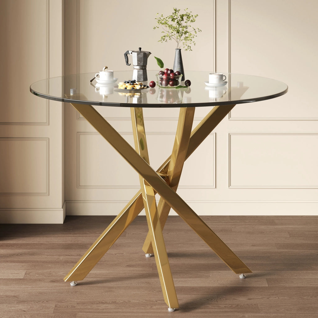 Tavolo rotondo in vetro temperato con gambe dorate 80 x 80 x 75 cm