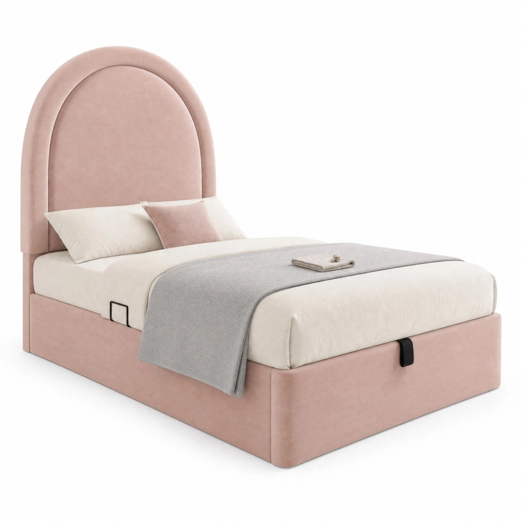 Letto imbottito singolo 90x190 cm con contenitore idraulico, velluto rosa
