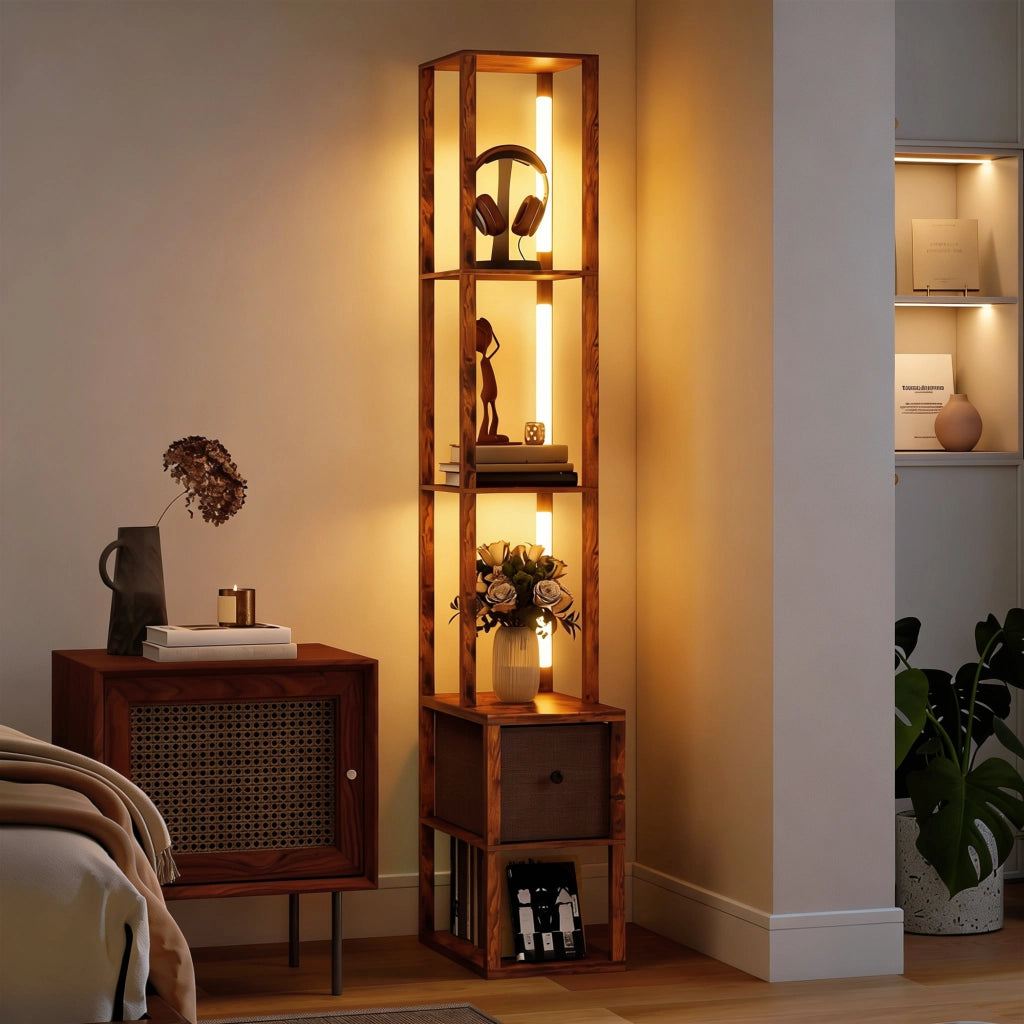 Lampada da terra con scaffali, regolabile, colore marrone ¨C zephmum ¨C 160x30x30