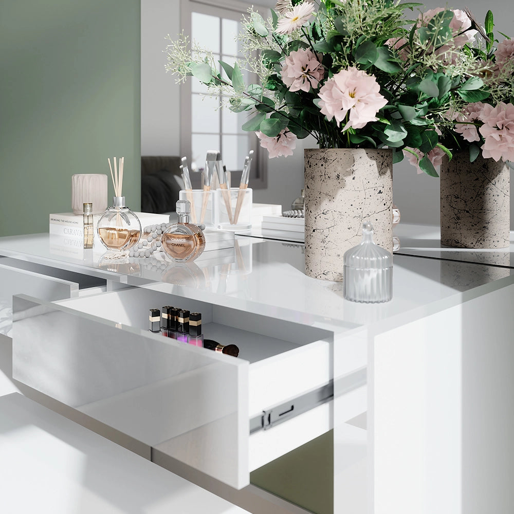Vicco Tavolino da toilette Bianco lucido/bianco 110 cm con specchio e panca