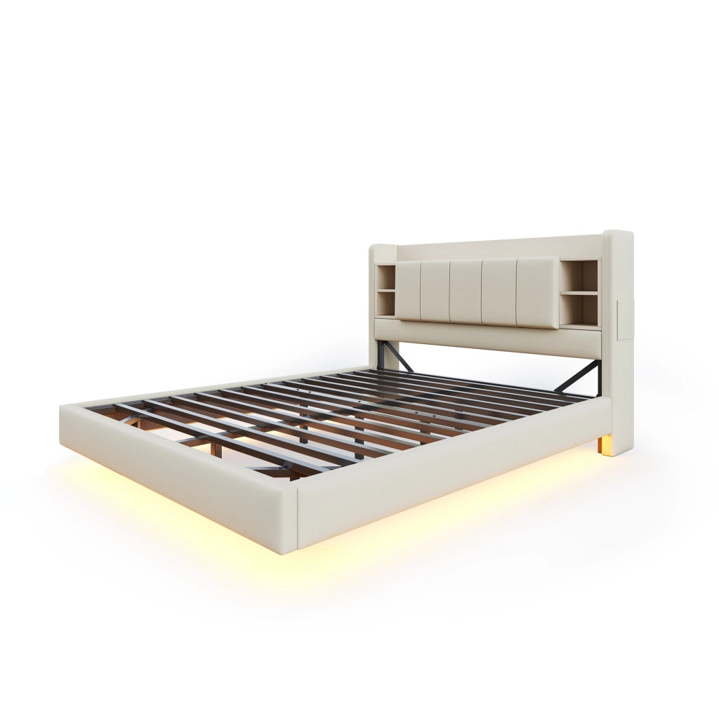 DESMIU Letto contenitore 160 × 200 cm 2 posti con LED, USB, ripiani e vani, senza materasso, beige