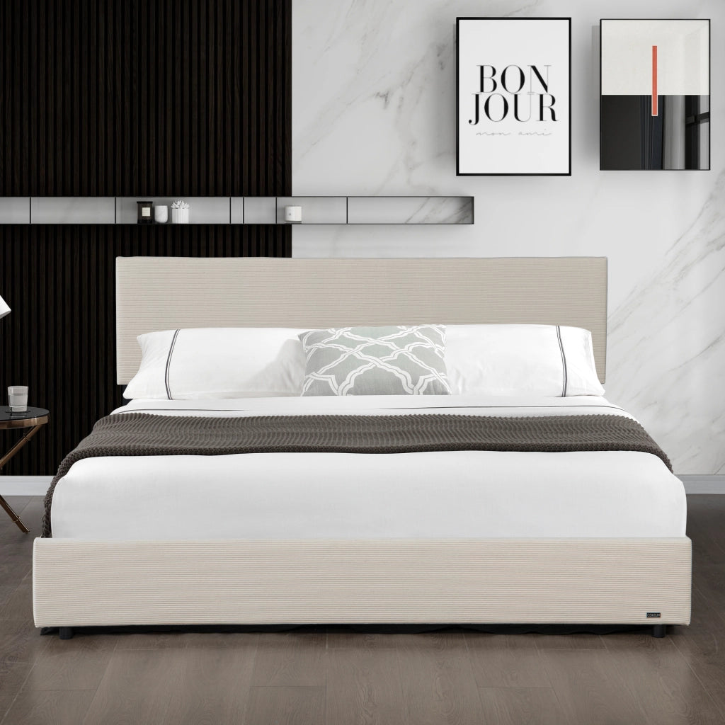 Letto Contenitore Juva con Apertura a Ribalta Letto Francese 140x200 cm Velluto a Coste Beige Corium