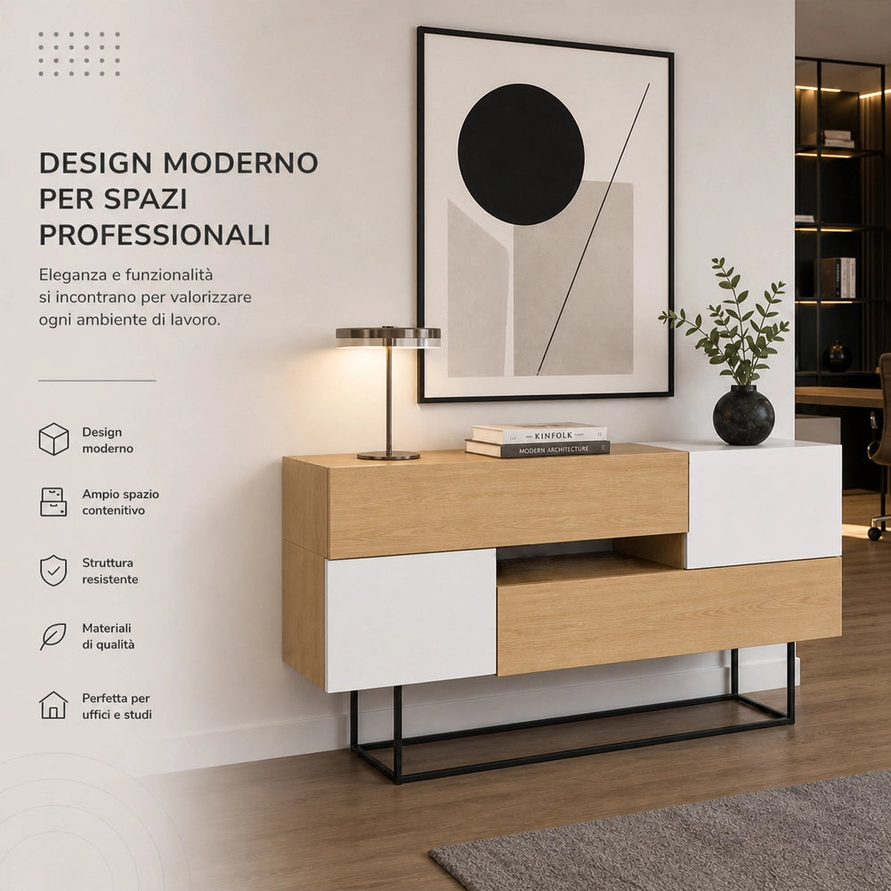 Madia Consolle Moderna 145 cm con 2 Ante 2 Cassetti Zaffiro di Quercia e Bianco
