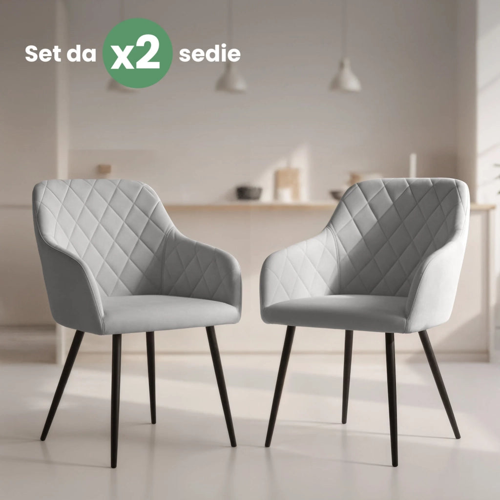 Set di 2 Sedie in velluto con cuciture a rombi VELTO Grigio gambe nere