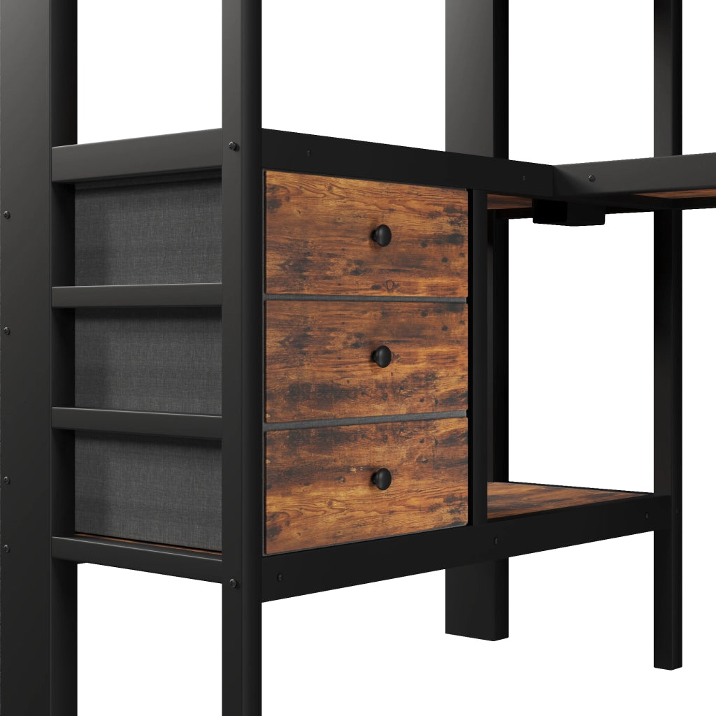 Letto a soppalco 90x200 cm con scrivania; LED e presa in MDF e metallo nero
