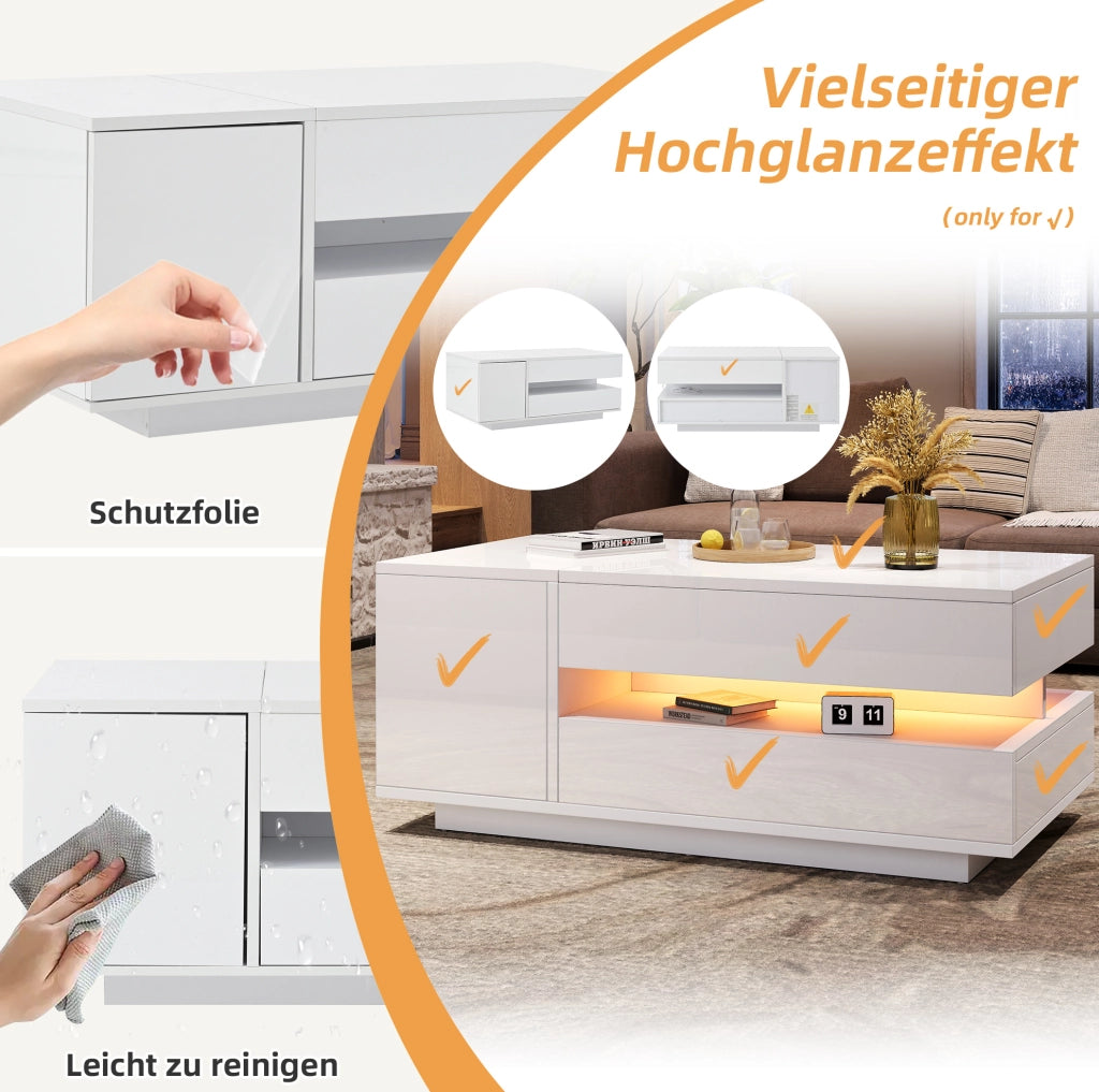 Tavolino da salotto sollevabile bianco con LED e vano contenitivo