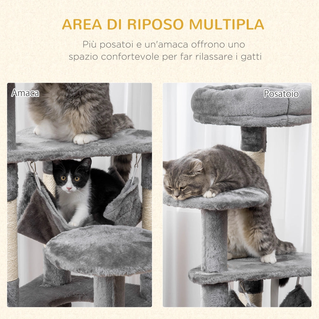 Albero Tiragraffi per Gatti 4 Livelli con Amaca e Piattaforme ¨C zephmum ¨C Grigio 132cm