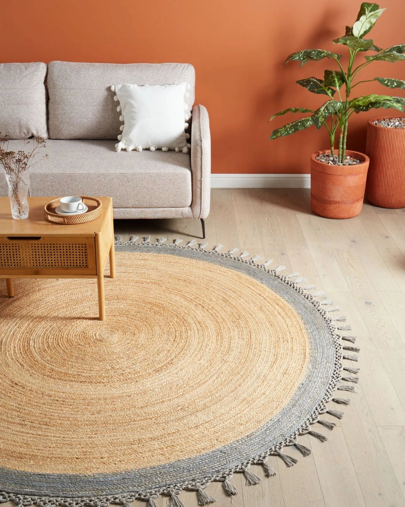 Tappeto Beige e Grigio Rotondo 200 cm Boho Rustico Spirale Intrecciato Fatto a mano Juta Naturale Camera da letto Soggiorno