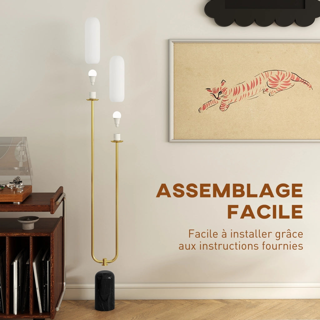 Lampada da terra ¨C Minimal ¨C base in marmo, 2 paralumi in vetro, interruttore a pedale, bianco