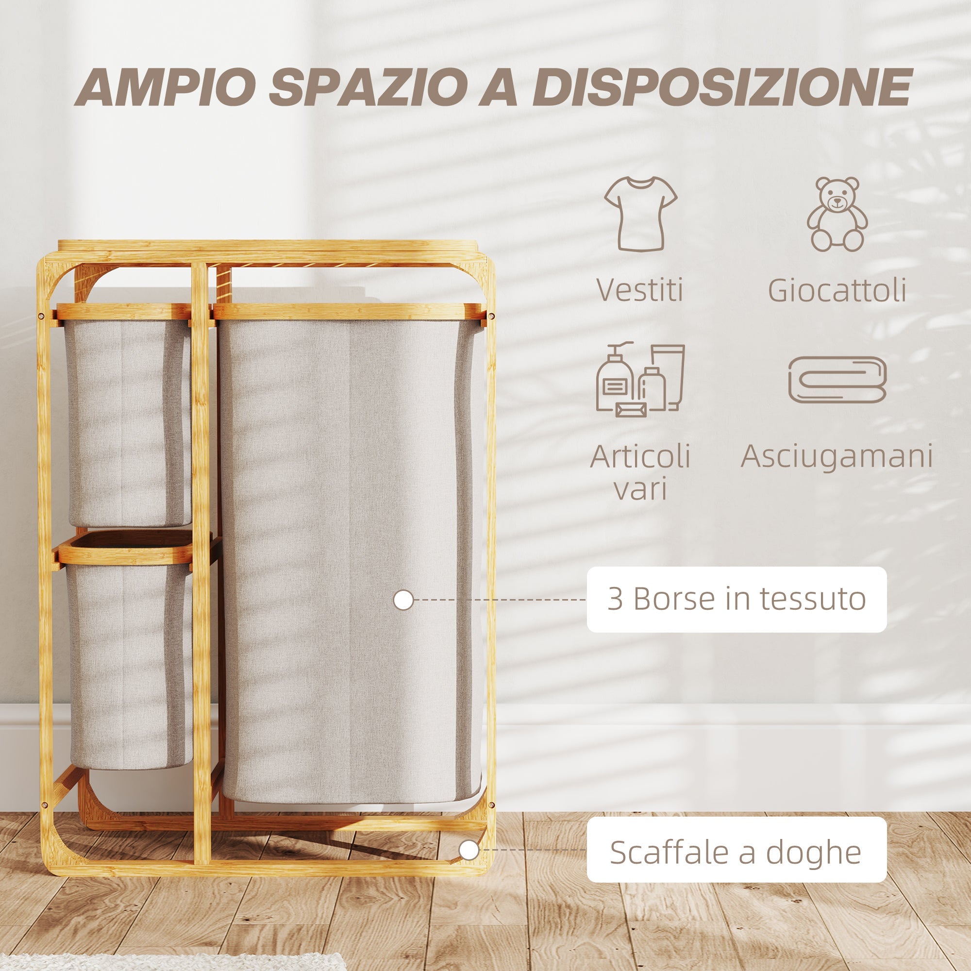 Cesto Portabiancheria con 3 Scomparti Estraibili in Tessuto color Crema e Struttura in Bambù 50x32x69,7 cm