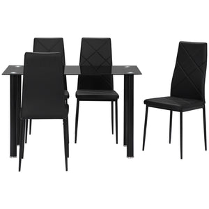 Set Tavolo da Pranzo con Piano in Vetro e 4 Sedie Imbottite in Finta Pelle Nero