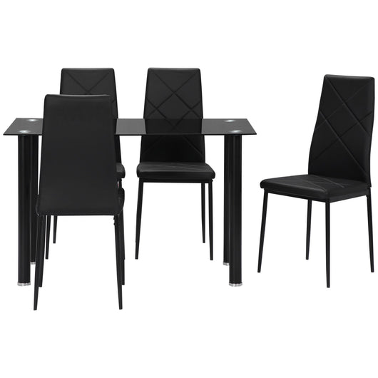Set Tavolo da Pranzo con Piano in Vetro e 4 Sedie Imbottite in Finta Pelle Nero