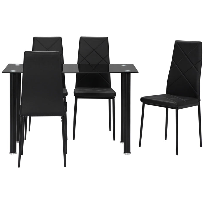 Set Tavolo da Pranzo con Piano in Vetro e 4 Sedie Imbottite in Finta Pelle Nero
