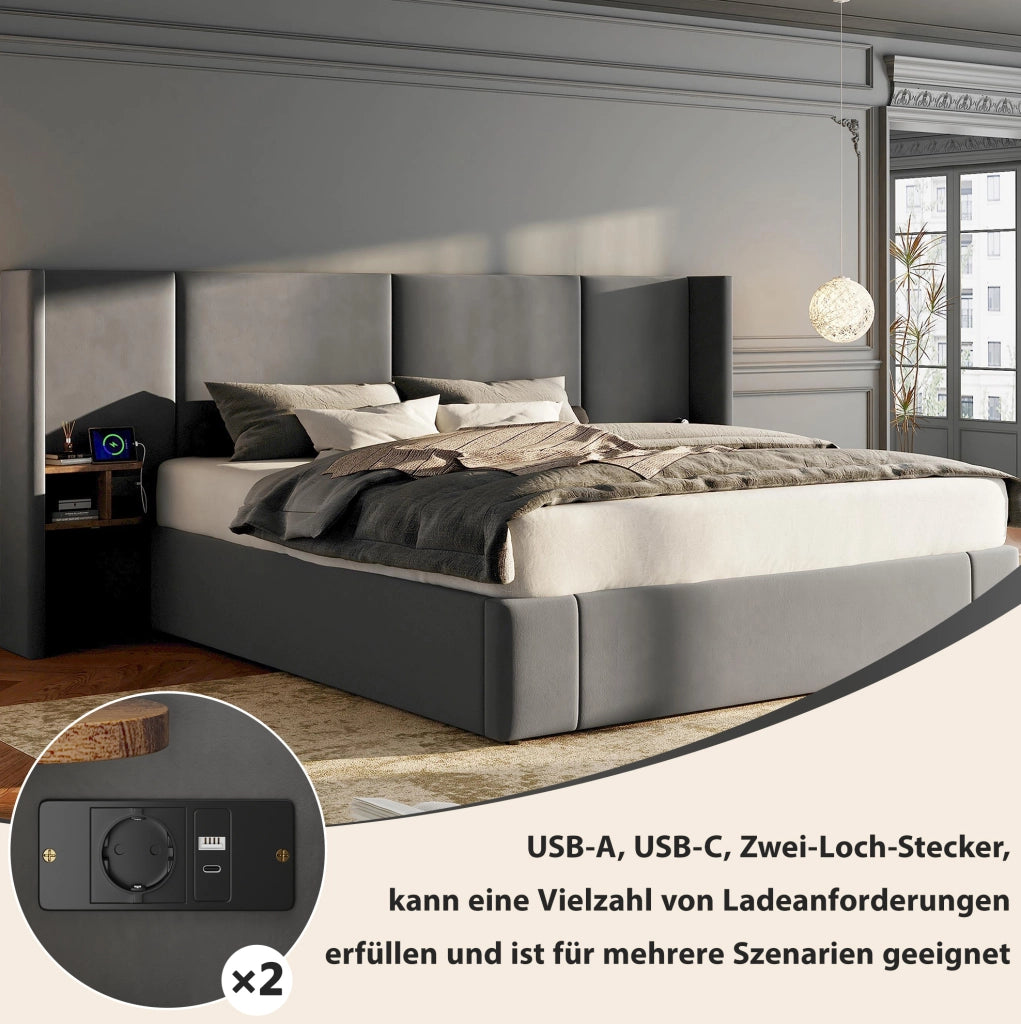 Letto contenitore 160x200 cm beige con USB, prese e comodini