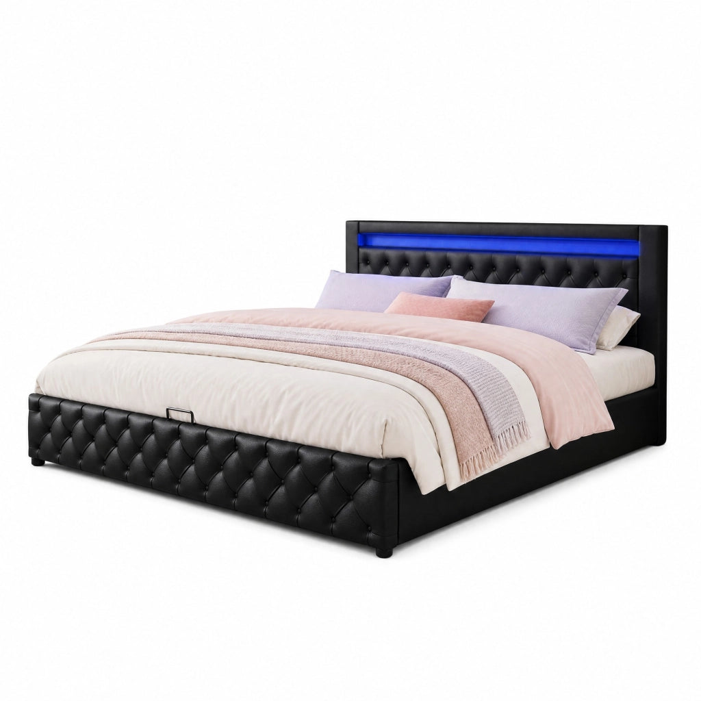 Letto imbottito 160x200 cm con rete a doghe, contenitore e LED, nero, PU