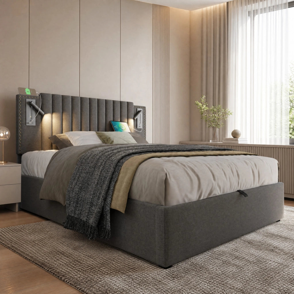 LETTO Contenitore 160x200 cm Grigio in cotone con testiera regolabile, luce e USB