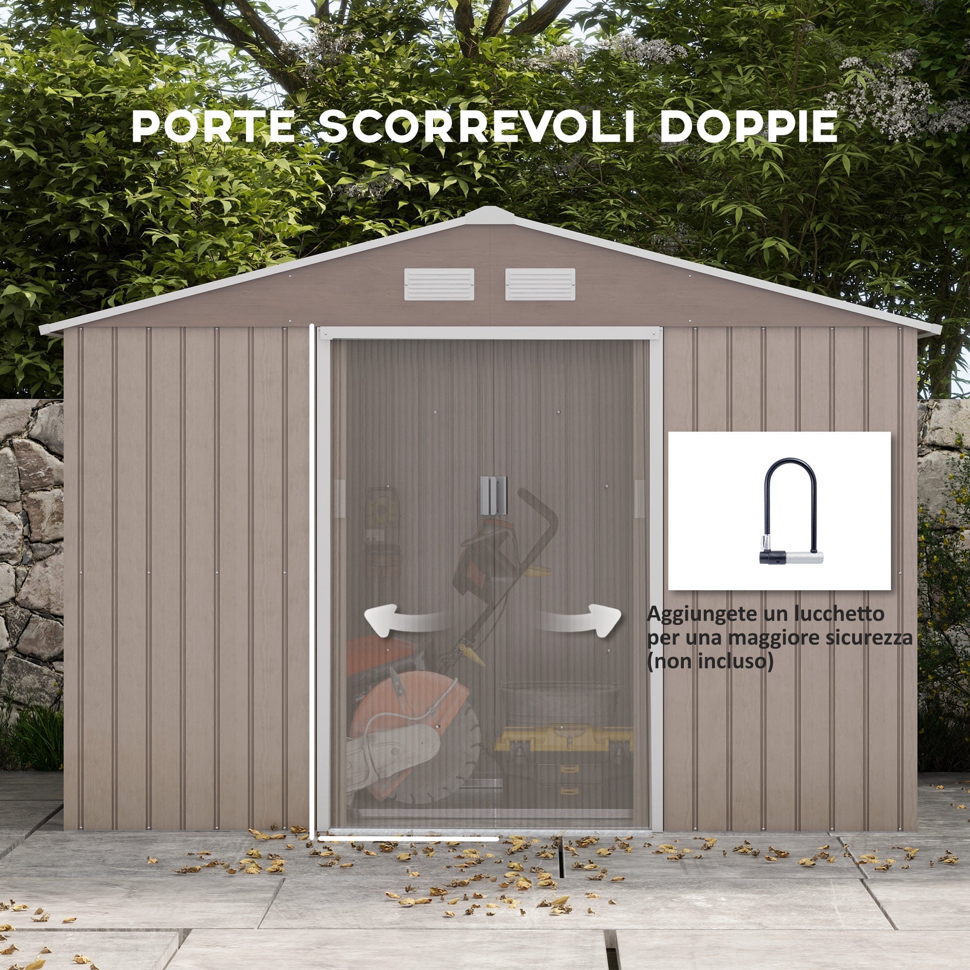 Casetta da Giardino con 4 Prese d'Aria e 2 Porte Scorrevoli 277x195x192 cm in Acciaio Marrone Chiaro