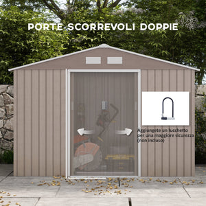 Casetta da Giardino con 4 Prese d'Aria e 2 Porte Scorrevoli 277x195x192 cm in Acciaio Marrone Chiaro