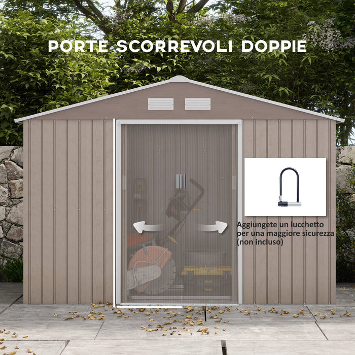 Casetta da Giardino con 4 Prese d'Aria e 2 Porte Scorrevoli 277x195x192 cm in Acciaio Marrone Chiaro