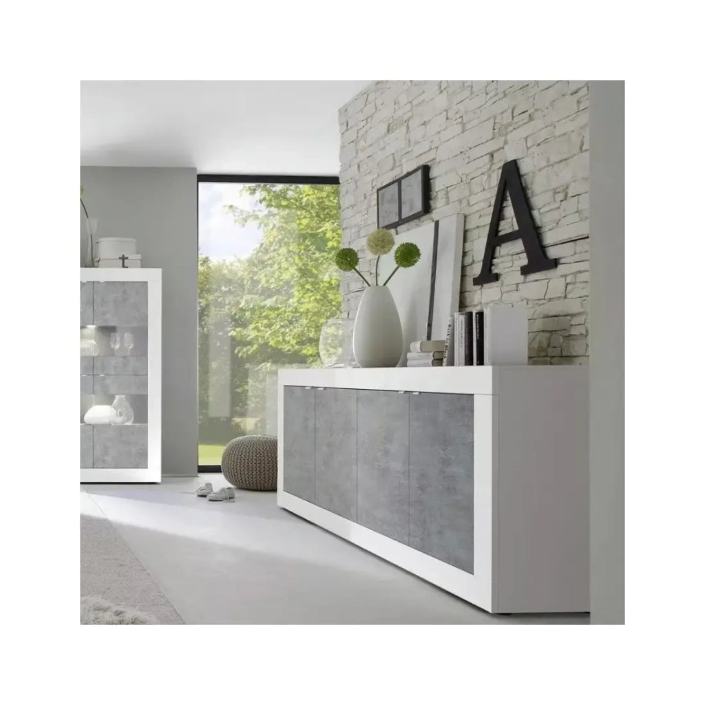 Buffet 4 porte, collezione ISORA, bianco lucido laccato/rovere chiaro, ideale per soggiorno moderno