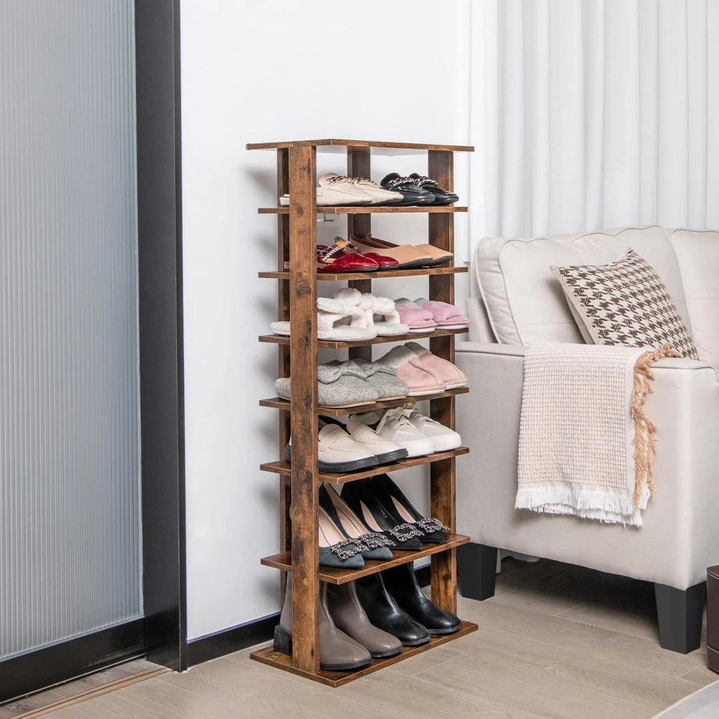 Scarpiera da Ingresso, Portascarpe a 7 Ripiani, Scaffale per 7/14 Scarpe, in Legno, Stretto e Compatto per Salvaspazio, 2 Size di 27,5x26,5x110 cm e 45x25x110 cm (Marrone, L)
