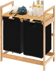 Wastafel con 2 assi di bambù - raccolta con 2 sacchi di bucato retrattili - adatto per camera da letto, bagno e cucina lavanderia - 73 x 64 x 33 cm - nero