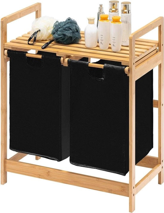 Wastafel con 2 assi di bambù - raccolta con 2 sacchi di bucato retrattili - adatto per camera da letto, bagno e cucina lavanderia - 73 x 64 x 33 cm - nero