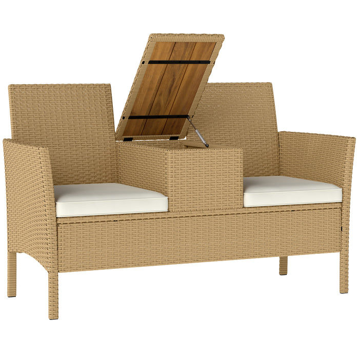 Panca da Giardino con Tavolino a Ribalta Portaoggetti 134x58x82 cm in Rattan e Acciaio Crema e Cachi