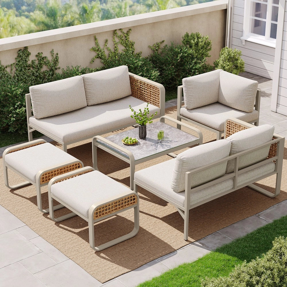 Set da giardino in rattan per 6-7 persone - Zephmum - Divano angolare con gambe regolabili, cuscini inclusi, beige