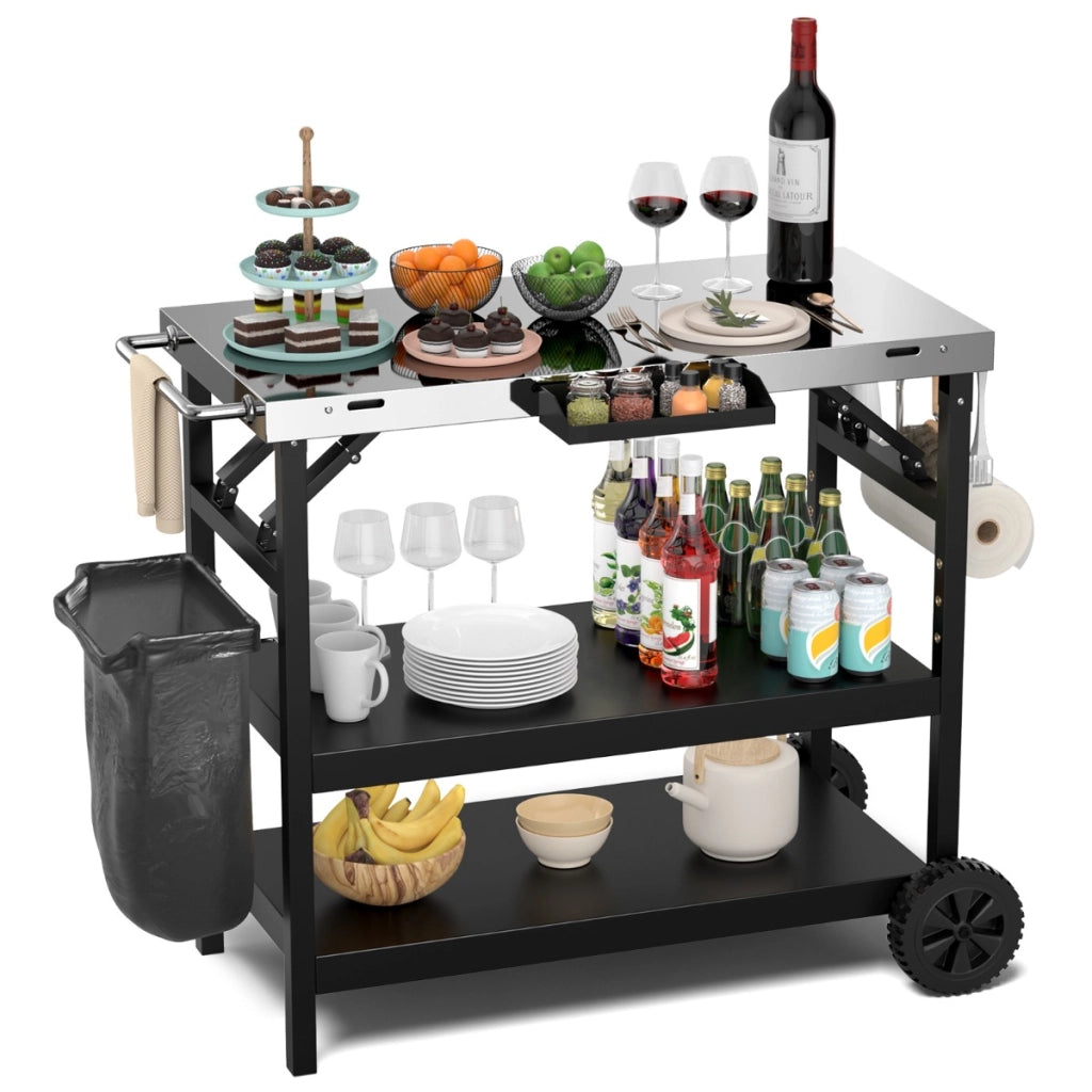 Carrello barbecue con 3 ripiani supporto reggi cellulare portaspezie portasciugamani-Buffet-Armadio da cucina Carrello BBQ in metallo Nero