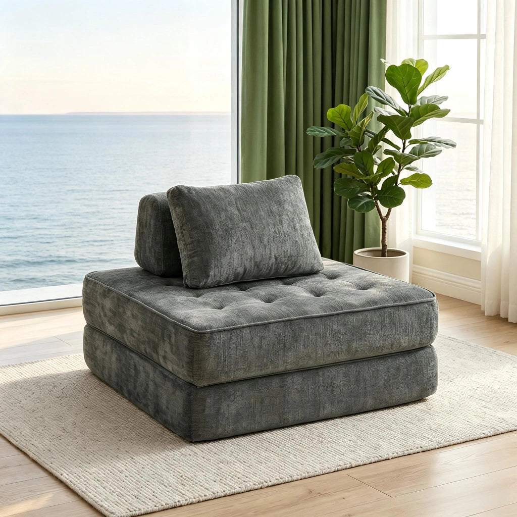 Poltrona letto convertibile 1 posto con cuscino e supporto trapezoidale in chenille grigio 97 × 97 × 70 cm