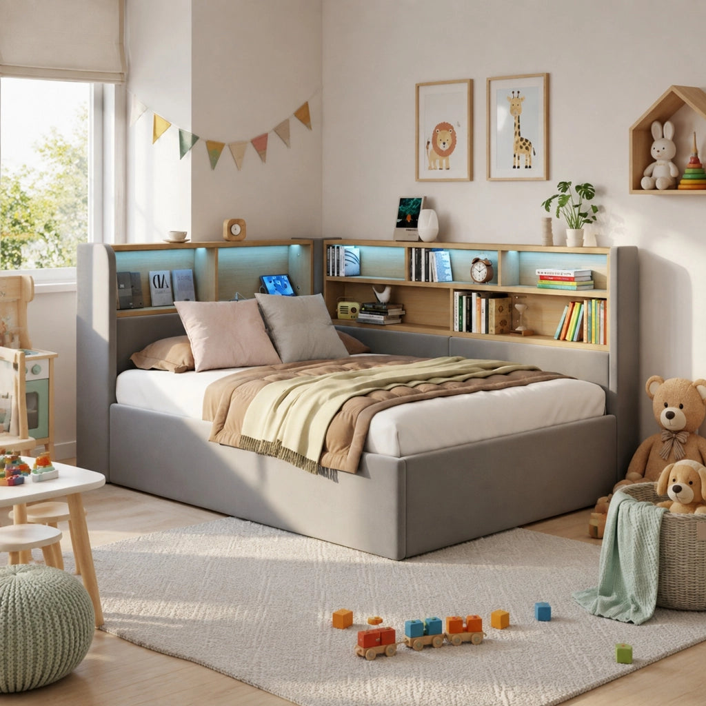 Letto daybed 90x200 cm con contenitore idraulico; LED e porte USB in velluto grigio