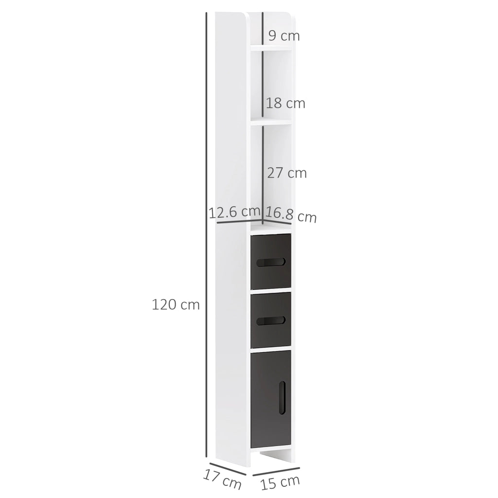 Colonna Bagno con 3 Mensole e 3 Armadietti, in Legno, 15x17x120 cm, Bianco e Nero