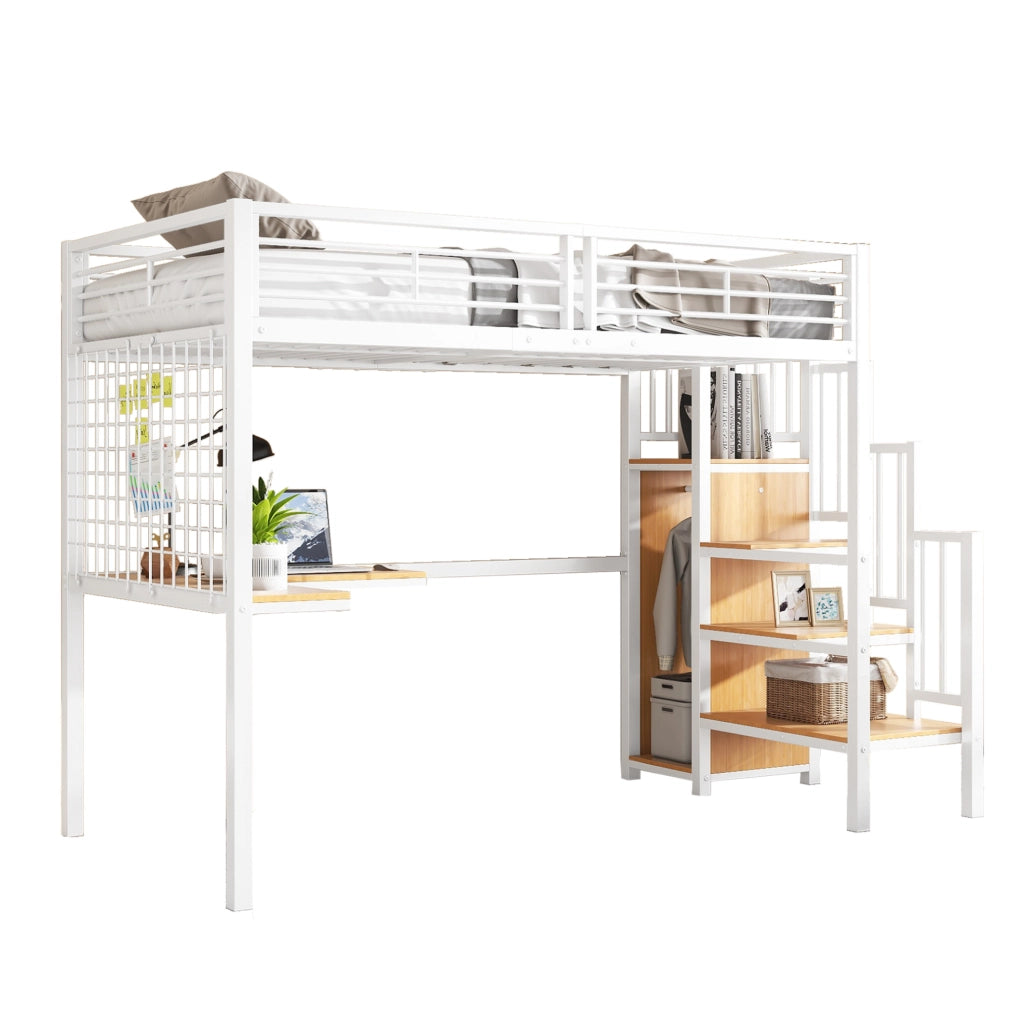 Letto a soppalco in metallo 90x200 cm con scrivania e armadio; bianco naturale