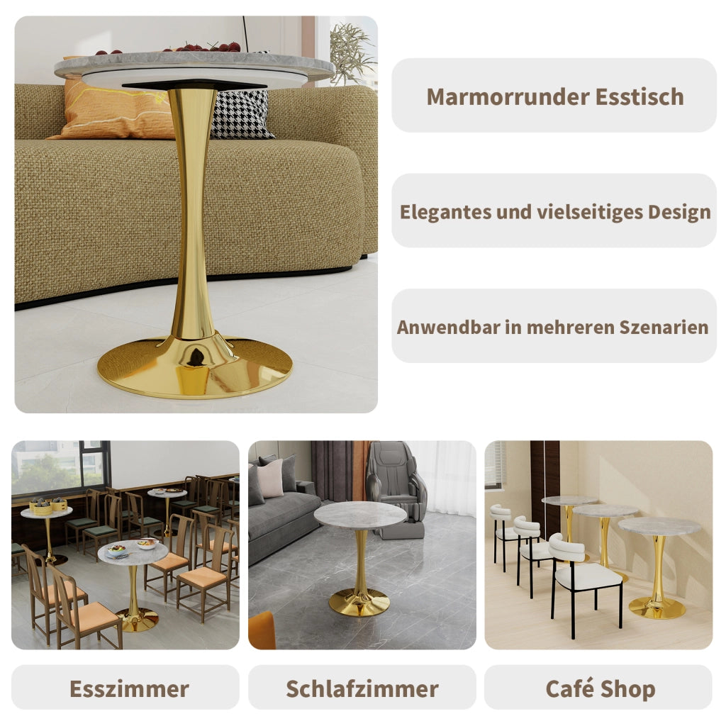 Tavolo da pranzo - rotondo 70 cm - stile mid-century - marmo grigio chiaro - per 2-4 persone - dorato
