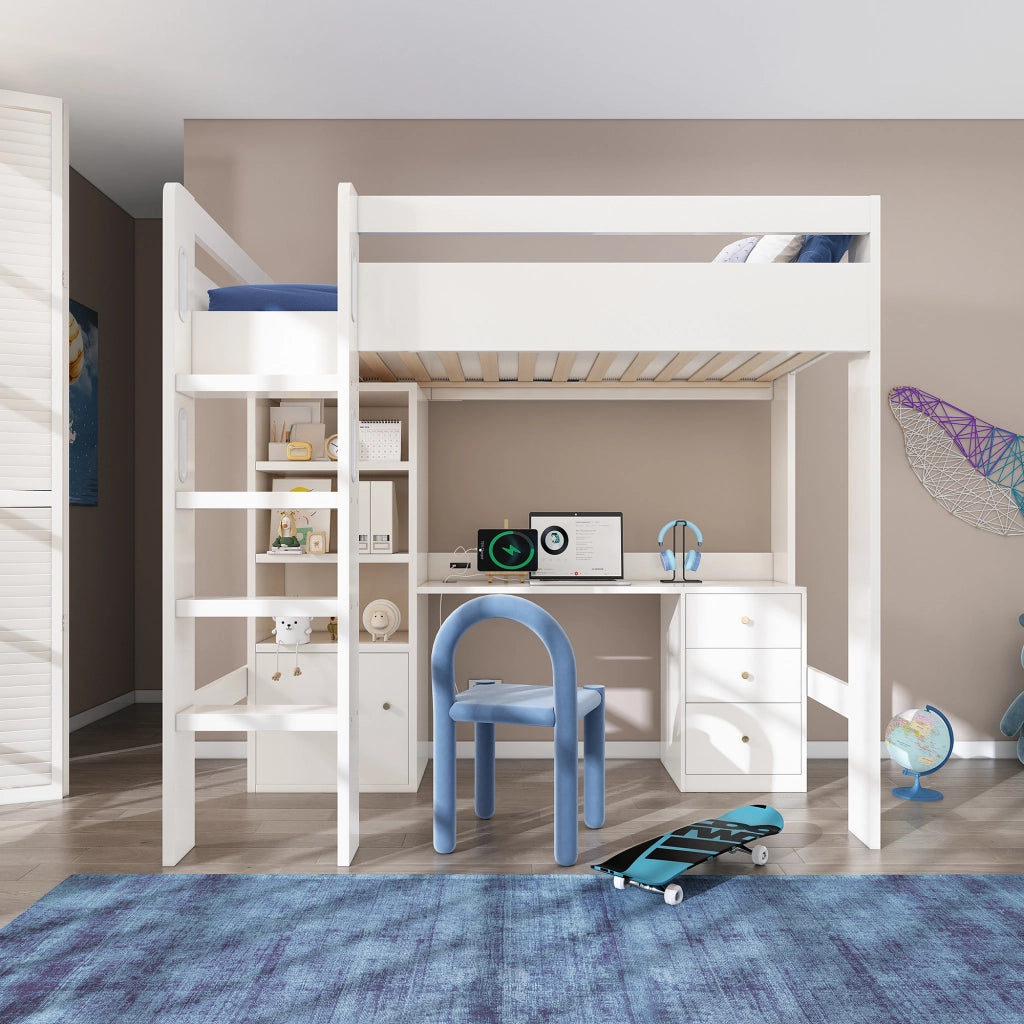 LETTO A CASTELLO 90x200 cm con scrivania USB/Type-C, armadi e scala, bianco