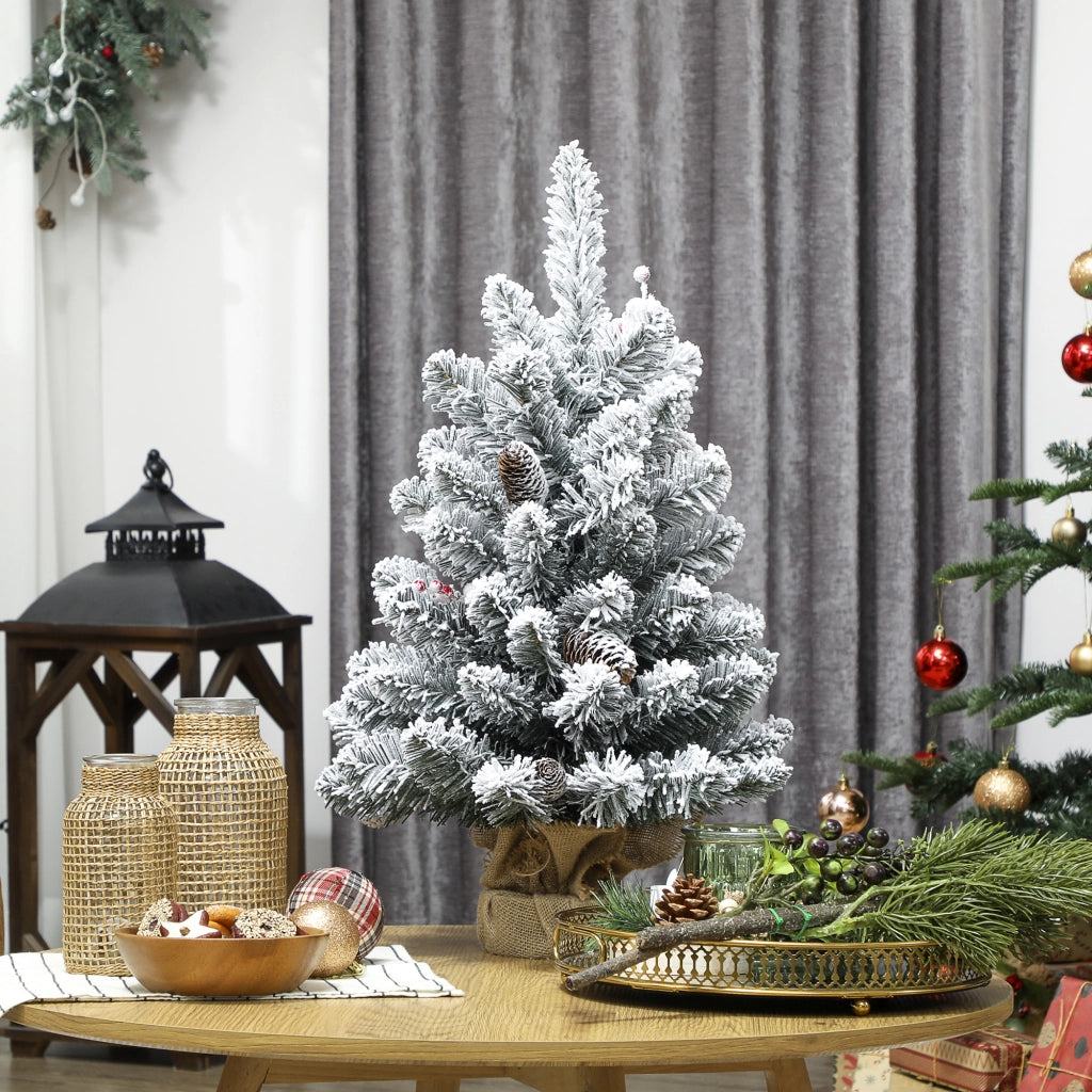 Albero di Natale Piccolo Alto 60 cm con 72 Rami Innevati, Pigne e Bacche Rosse, Verde