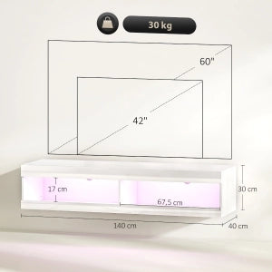 Mobile porta TV sospeso con LED RGB e 2 vani aperti per soggiorno in legno bianco lucido 140 × 40 × 30 cm