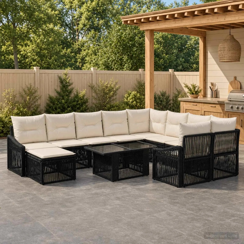 Set Divano da Giardino 11 pz Nero e Bianco Crema polyrattan 3437341