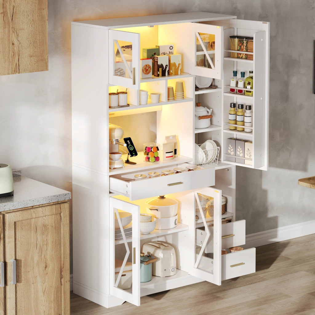 Credenza con LED a colori e prese, ante in vetro e ripiani regolabili, per cucina e soggiorno, bianca 185 × 105 × 40 cm