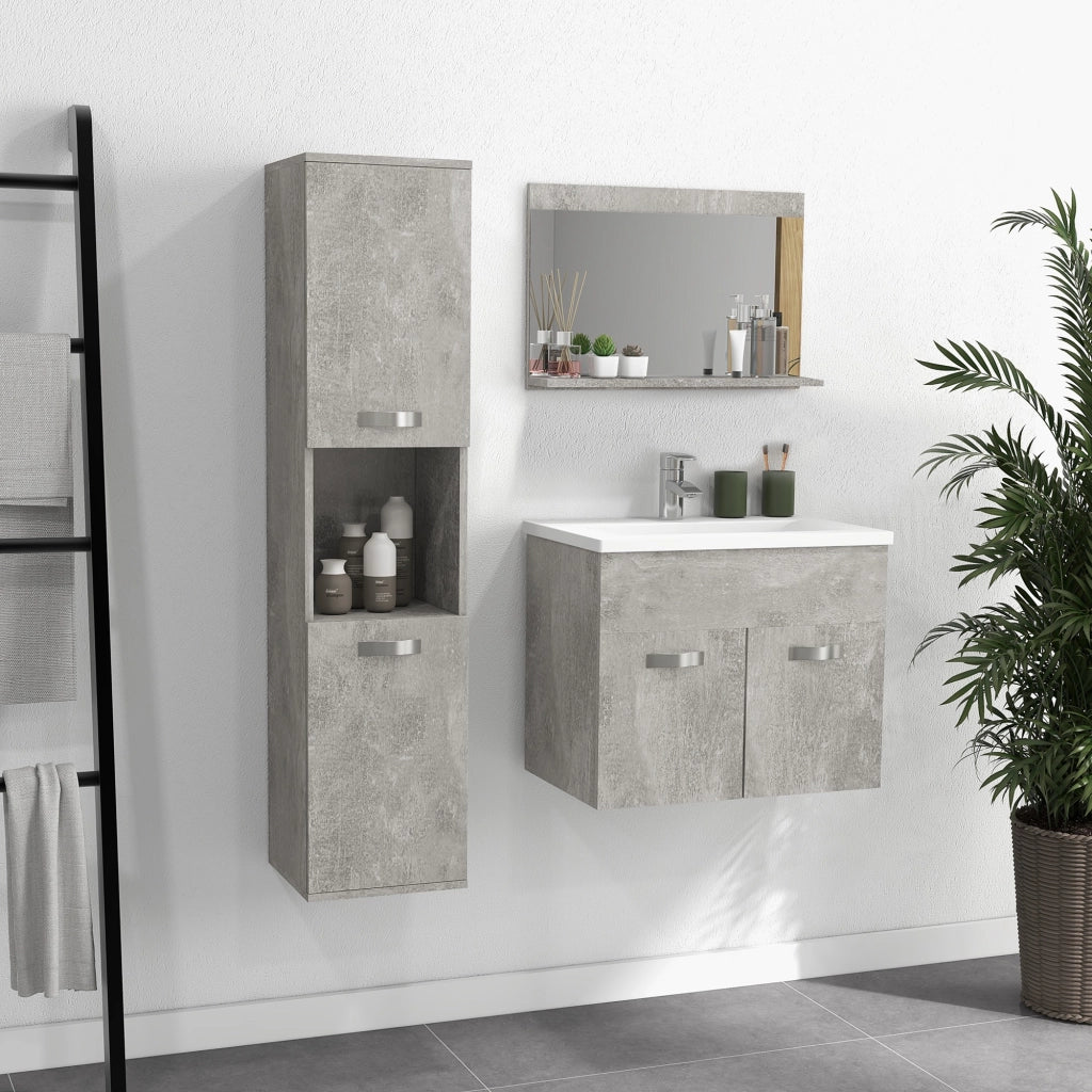 Easycomfort Set Mobili Bagno da 4 Pezzi con Lavabo da 60cm, Mobiletto, Colonna Bagno e Specchiera in Legno, Grigio