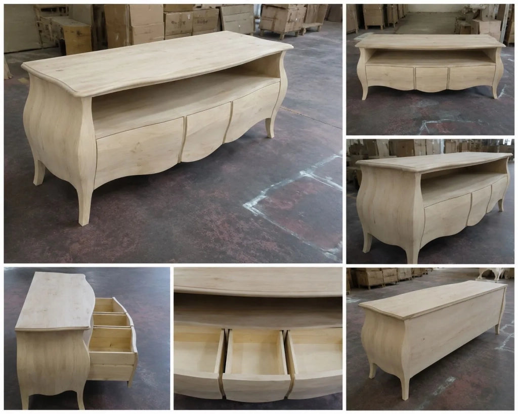 Porta tv  classico in legno bombato 3 cassetti grezzo l.176 p.45 h.62 (3268) - Mobili 2G